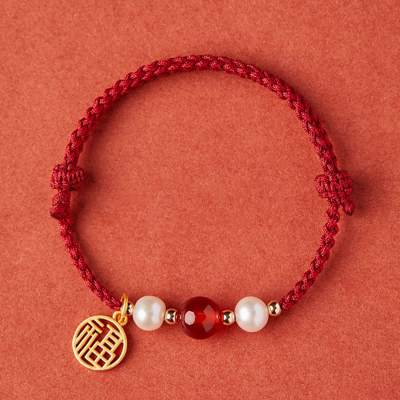 Mythstone 925 Sterling Silver Good Fortune Fu Character Agate Pearl Red String Braid Bracelet