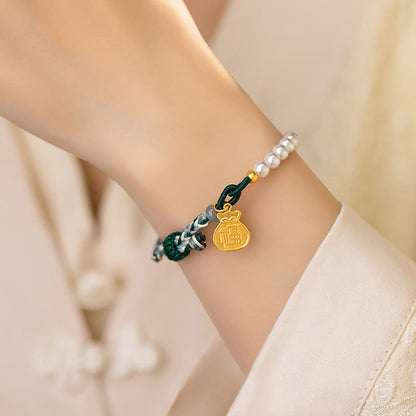 Mythstone 925 Sterling Silver Fu Character Lucky Bag Pearl Hetian Jade Wisdom Rope Bracelet