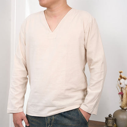 Mythstone Solid Color V-Neck Long Sleeve Cotton Linen Men's T-shirt