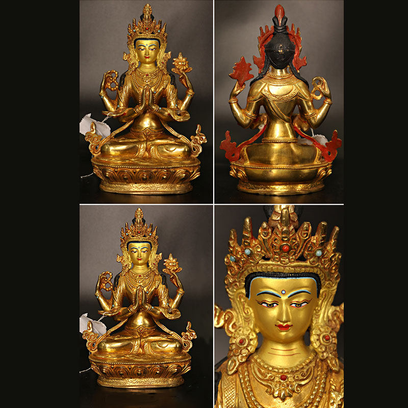 Mythstone Bodhisattva Tara Chenrezig Four-armed Avalokitesvara Protection Copper Gold Plated Statue Decoration