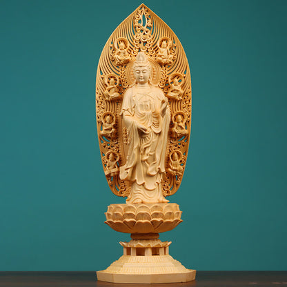 Mythstone Handcrafted Kwan Yin Avalokitesvara Tathagata Mahasthamaprapta Bodhisattva Statue Boxwood Abundance Decoration