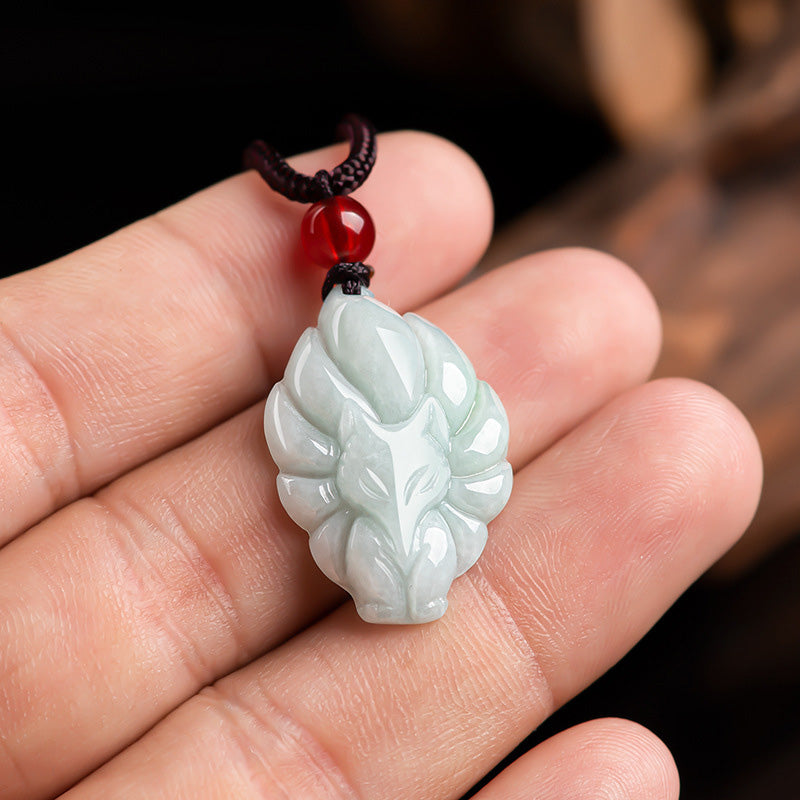 Mythstone Natural Jade Nine Tailed Fox Luck Prosperity Necklace Pendant