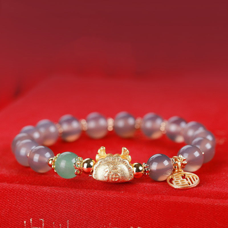 MythStone Year Of The Dragon Red Agate Gray Agate Dumpling Luck Fu Character Bracelet