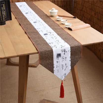 Mythstone Classic Chinese Style Lotus Koi Fish Flower Crane Calligraphy Enlightenment Cotton Linen Tassels Table Runner