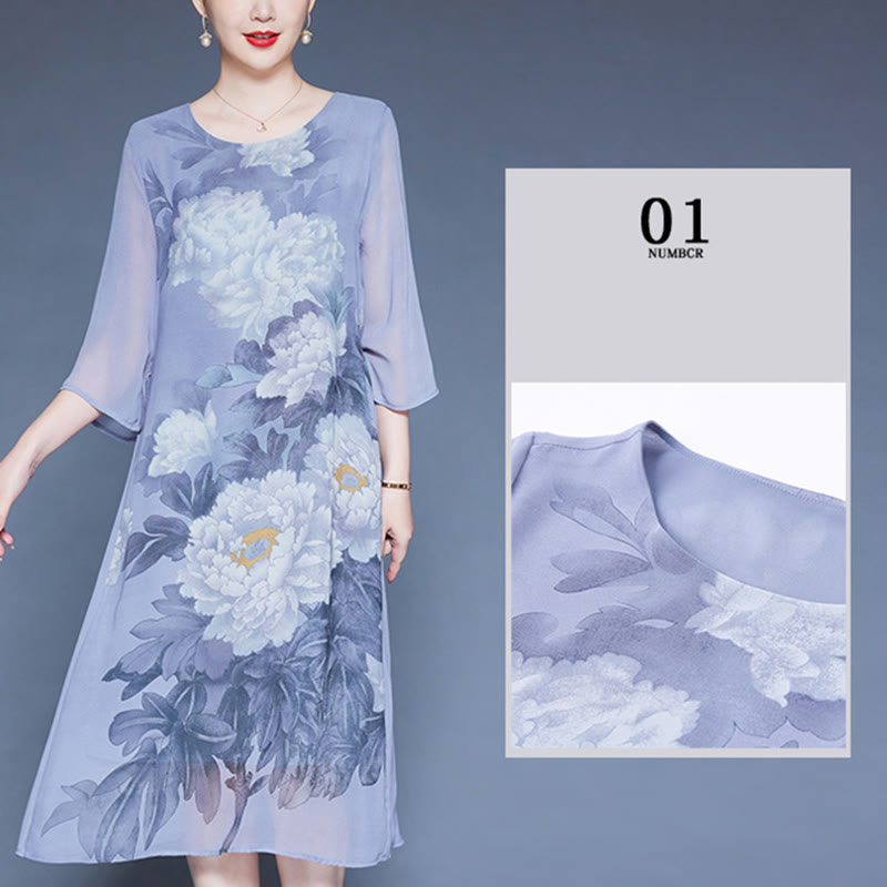 Mythstone Peony Flowers Print Three Quarter Sleeve Midi Dress