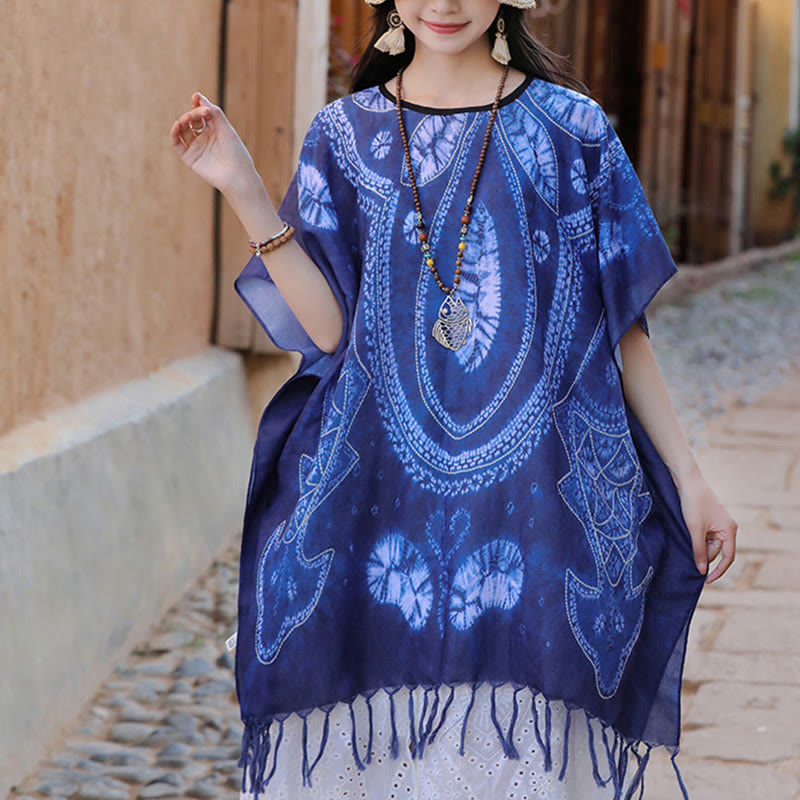 Mythstone Blue Geometry Batik Shawl Tassels Cozy Travel Pullover 90*95cm