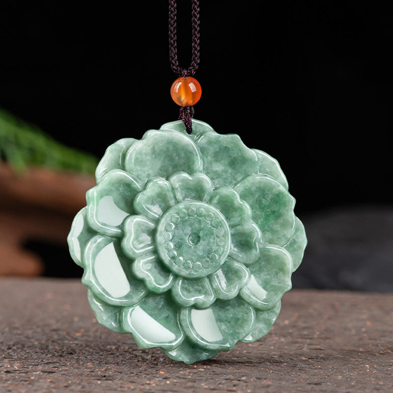 Mythstone Lotus Pattern Jade Luck Prosperity Necklace Pendant