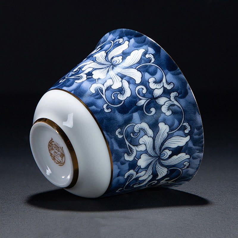 Mythstone Colorful Flowers Orchid Sea Waves Blue and White Porcelain Ceramic Teacup Kung Fu Tea Cup