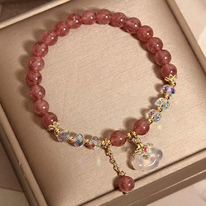 Mythstone Natural Strawberry Quartz Crystal White Agate Auspicious Cloud Healing Bracelet