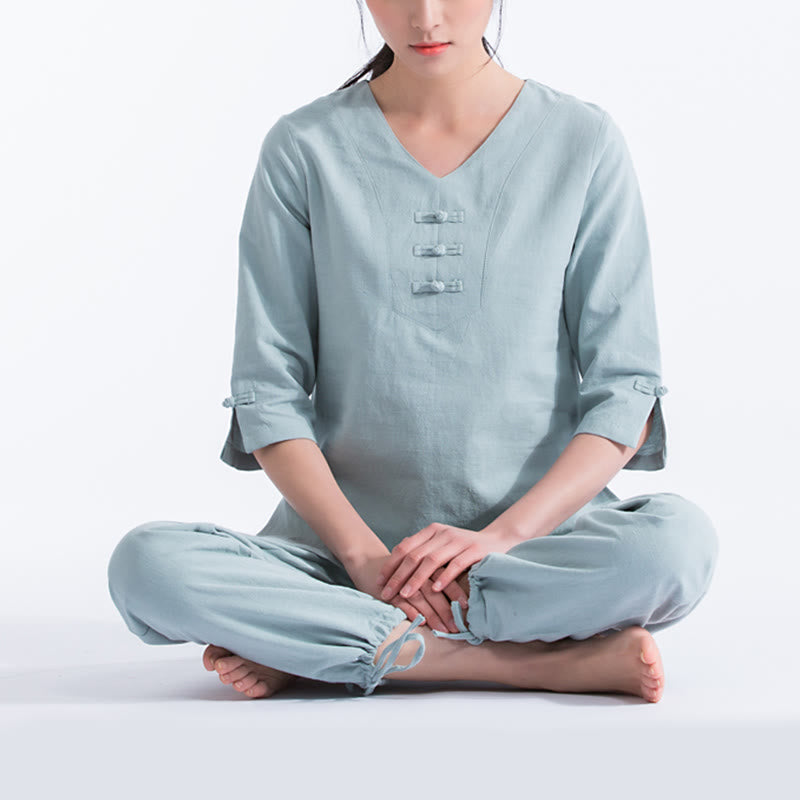 Mythstone Yoga Meditation Prayer V-neck Design Cotton Linen Clothing Uniform Zen Practice Women's Set