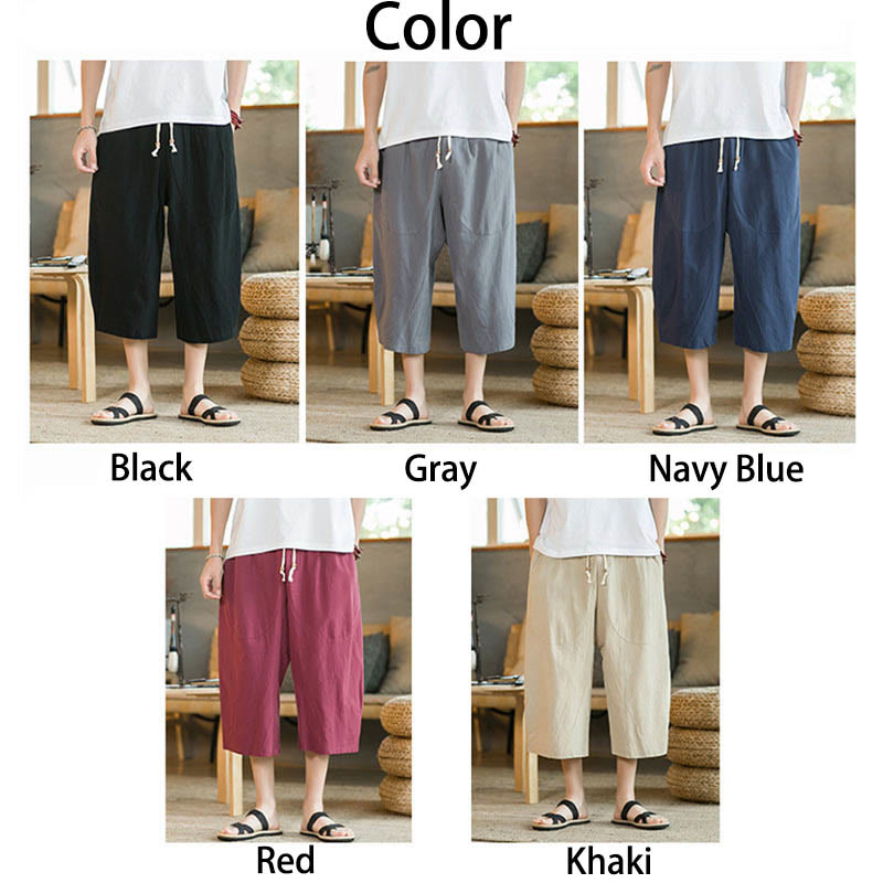 Mythstone Solid Color Mid-Length Wide Leg Pants Cotton Men's Wide Leg Pants With Pockets