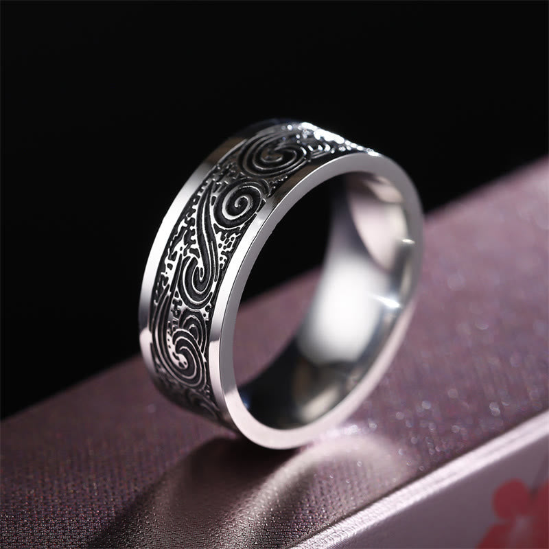 Mythstone Vintage Wave Auspicious Clouds Engraved Pattern Titanium Steel Balance Ring