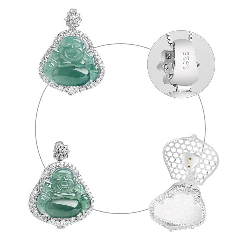 Mythstone 925 Sterling Silver Laughing Buddha Natural Jade Luck Abundance Chain Necklace Pendant