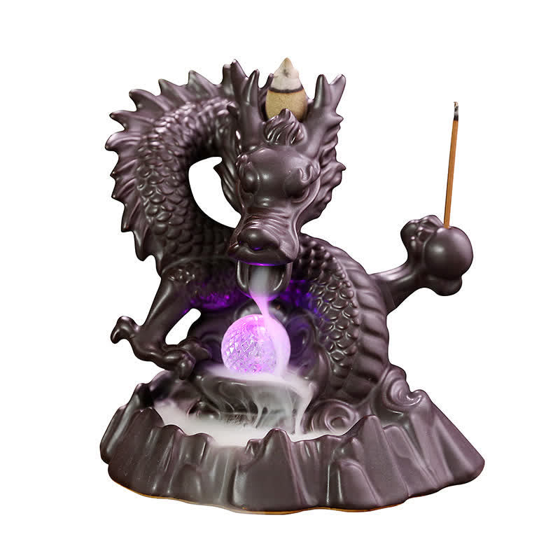 Mythstone Auspicious Dragon Ceramic Backflow Smoke Fountain Meditation Healing Incense Burner Led Ball Decoration