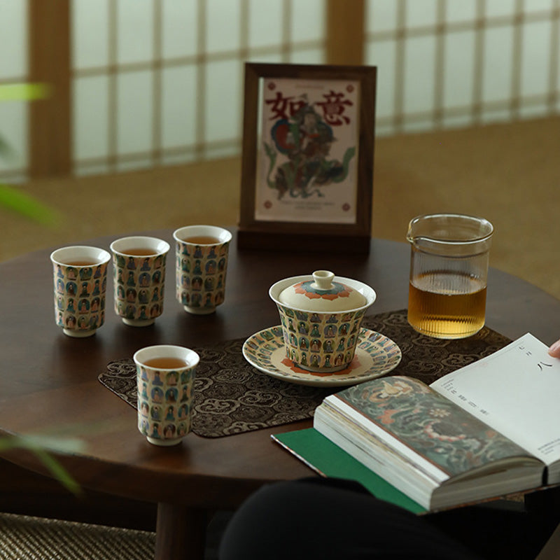 Taza de té de kung fu Gaiwan con tapa y diseño de apsaras voladoras de mil budas de Mythstone Dunhuang