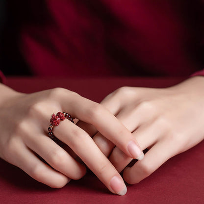 Mythstone Garnet Cinnabar Lucky Bead PiXiu Om Mani Padme Hum Rose Protection Ring