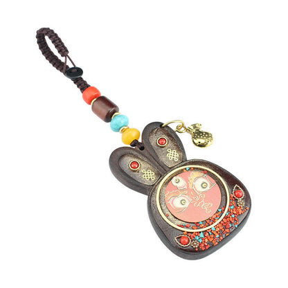 Tibet Ebony Five God of Wealth Thangka Key Chain