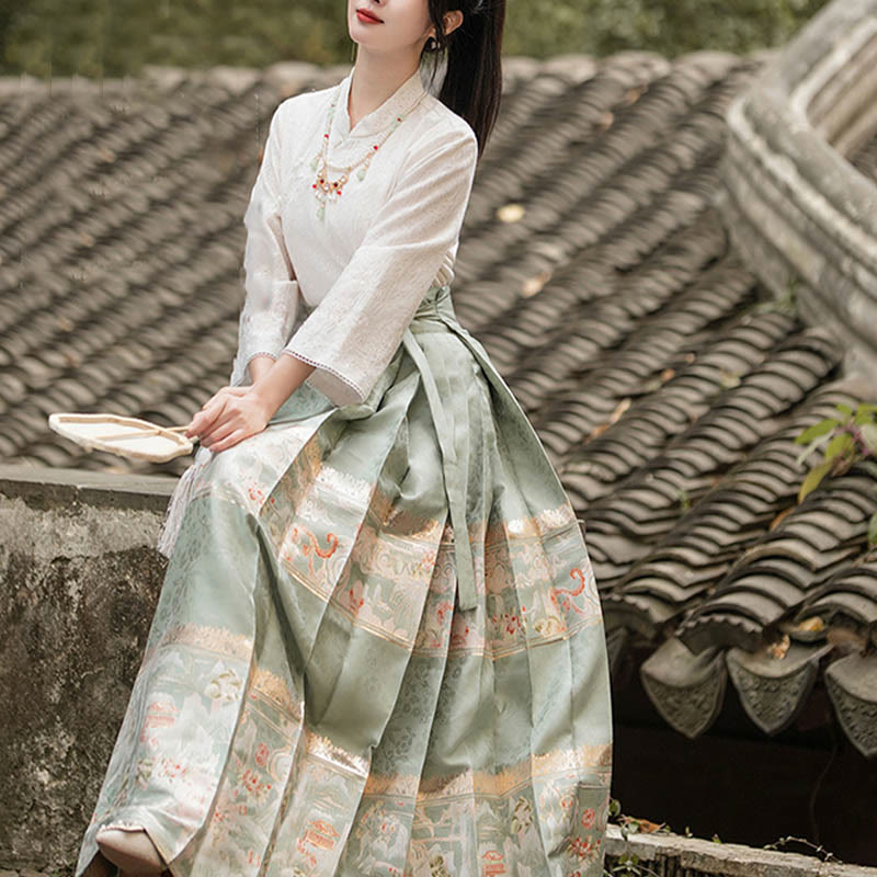 Falda con estampado de cara de caballo y jardín de melocotón verde Hanfu chino Mythstone Mamianqun