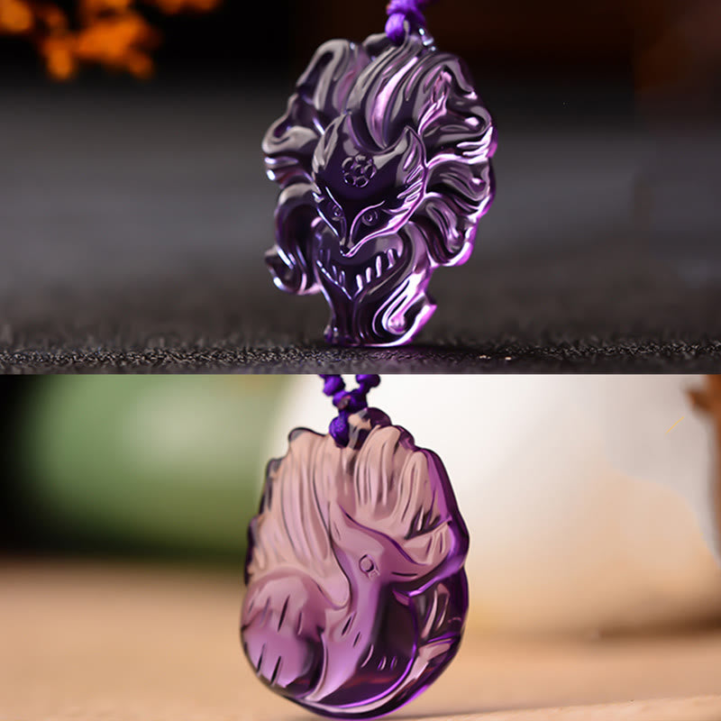 Mythstone Natural Amethyst White Crystal Citrine Nine Tailed Fox Luck Necklace Pendant