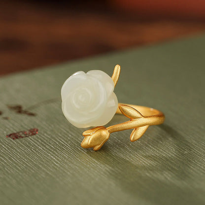 Mythstone 925 Sterling Silver Plated Gold Rose Flower Hetian White Jade Happiness Ring