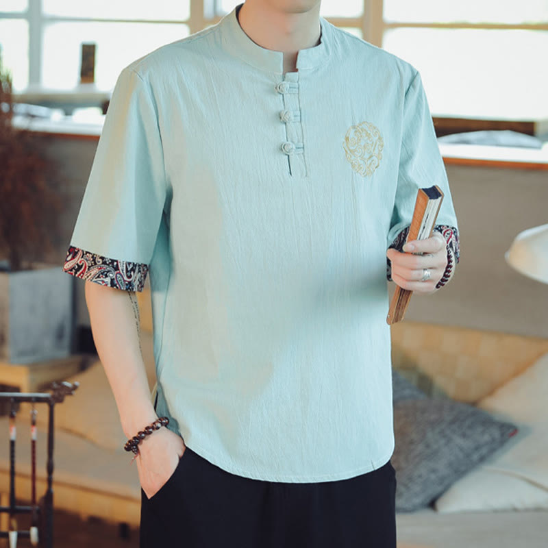 Mythstone Frog-Button Dragon Embroidery Chinese Tang Suit Short Sleeve Shirt Linen Men Clothing