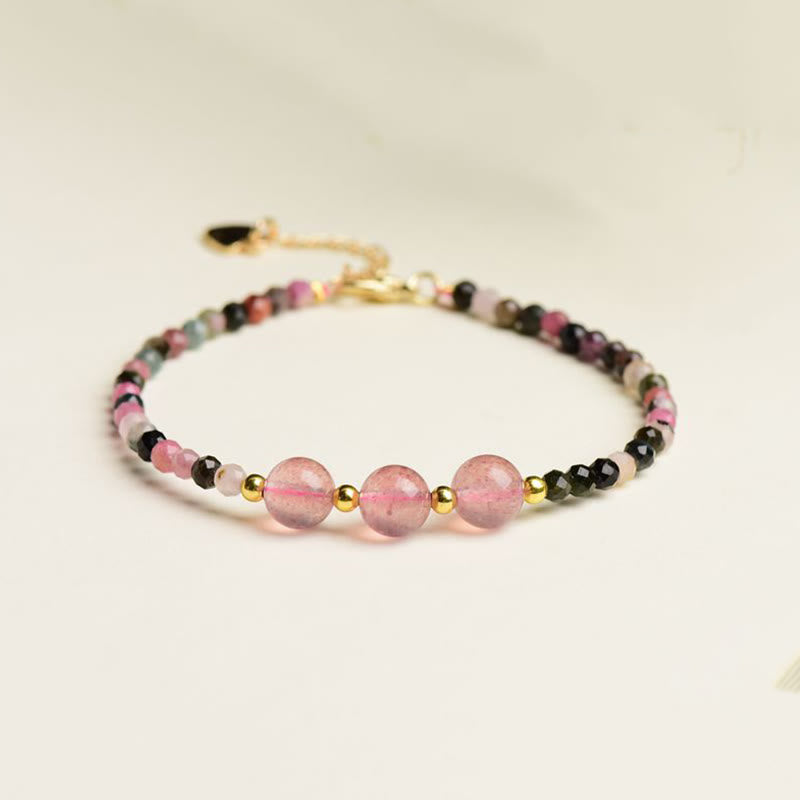 Pulsera de amor positivo con cuentas de cuarzo fresa y turmalina colorida natural Mythstone 