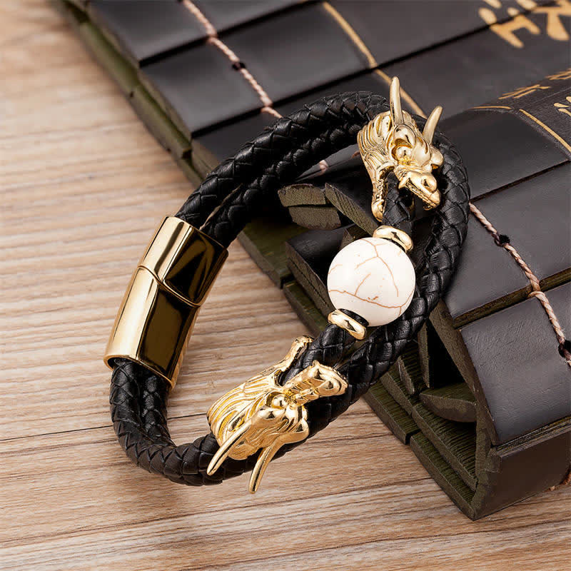 Mythstone Double Dragon Head Leather Stone Titanium Steel Success Bracelet