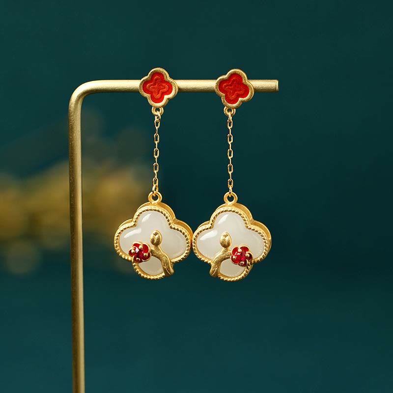 Mythstone 24K Gold Plated White Jade Four Leaf Clover Plum Blossom Luck Necklace Pendant Earrings