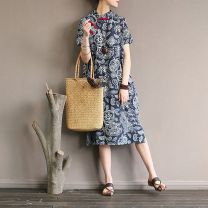 Mythstone Blue White Flower Frog-button Cheongsam Dresses Short Sleeve Linen Dresses With Pockets