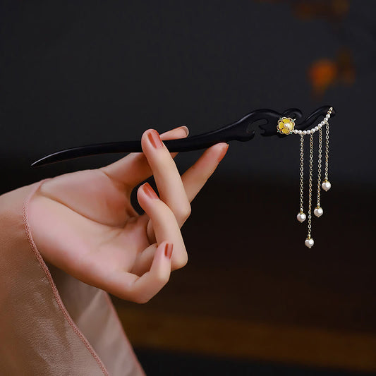 Mythstone Ebony Wood Yellow Flower Pearl Tassels Hairpin