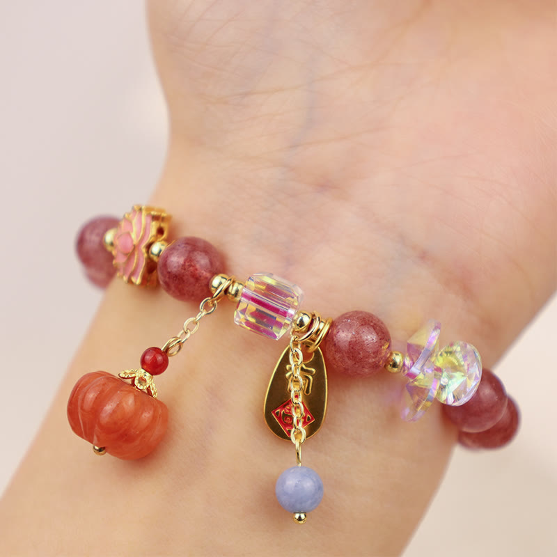 Mythstone Natural Strawberry Quartz Fu Character Pumpkin Charm Positive Bracelet