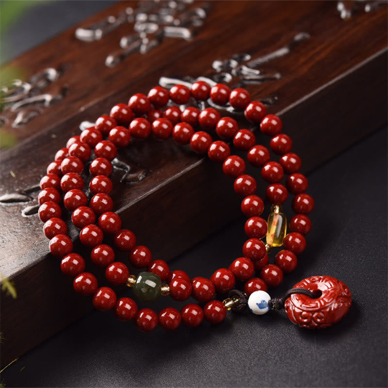 MythStone Tibetan Cinnabar Peace Buckle Triple Wrap Blessing Bracelet Mala