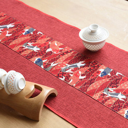 Mythstone Classic Chinese Style Lotus Koi Fish Flower Crane Calligraphy Enlightenment Cotton Linen Tassels Table Runner