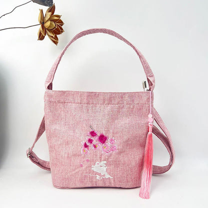 Mythstone Embroidery Wisteria Plum Lotus Cherry Blossom Cotton Linen Canvas Tote Crossbody Bag Shoulder Bag Handbag