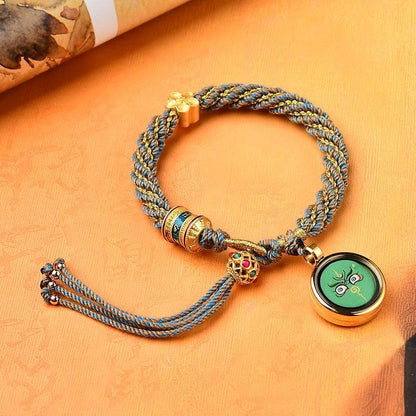 Pulsera de hilo tejido con amuleto Thangka de los cinco dioses de la riqueza y la suerte hecha a mano con forma de rueda de oración y flores de Mythstone Tibet