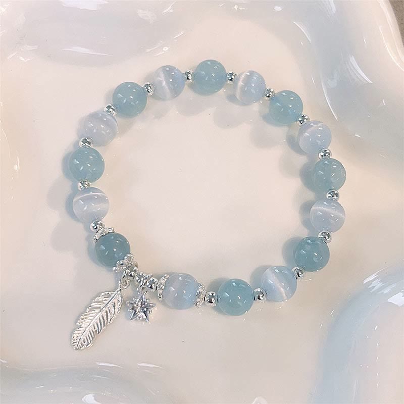 Mythstone 925 Sterling Silver Aquamarine Cat's Eye Healing Feather Star Charm Bracelet