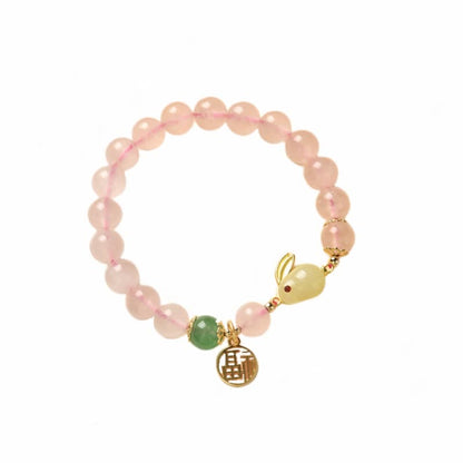 Pulsera de conejito de amor y felicidad con ágata verde y cristal rosa natural del año del conejo