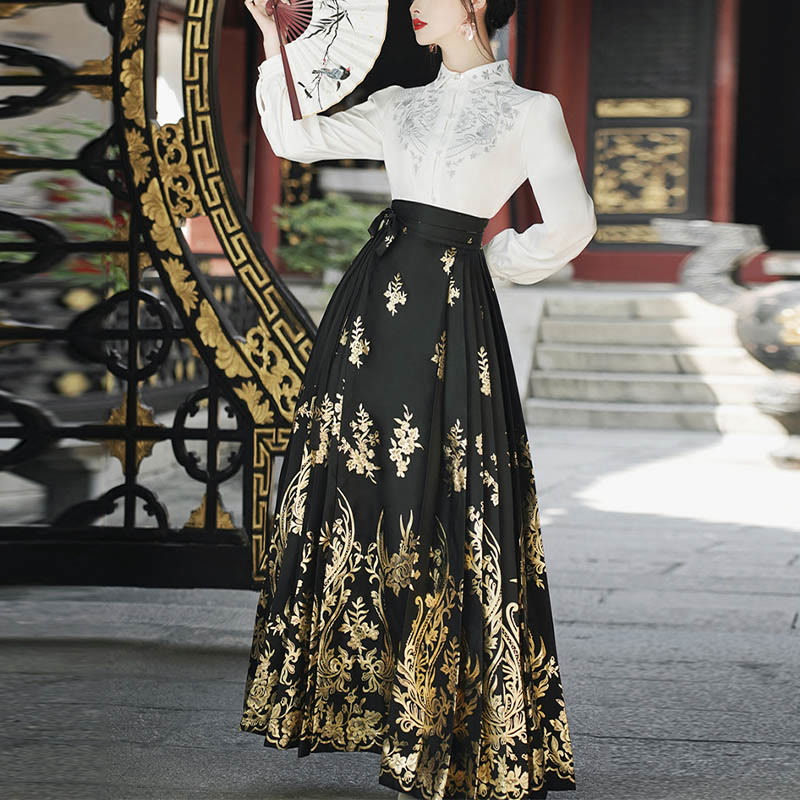 Mythstone Flowers Leaves Feathers Long Sleeve Shirt Top Chinese Hanfu Ming Dynasty Horse Face Skirt Mamianqun Skirt