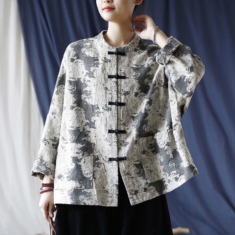 Mythstone Black Gray Print Frog-button Design Long Sleeve Cotton Linen Jacket Shirt With Pockets