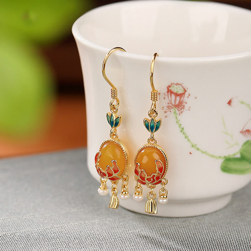 Mythstone 925 Sterling Silver Plated Gold Natural Amber Flower Pearl Confidence Ring Earrings Set