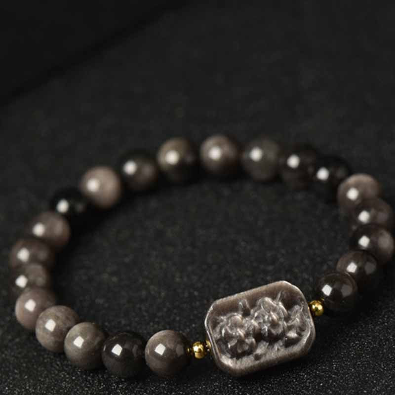 Mythstone Silver Sheen Obsidian Lotus Flower Nine Tailed Fox Laughing Buddha Protection Bracelet