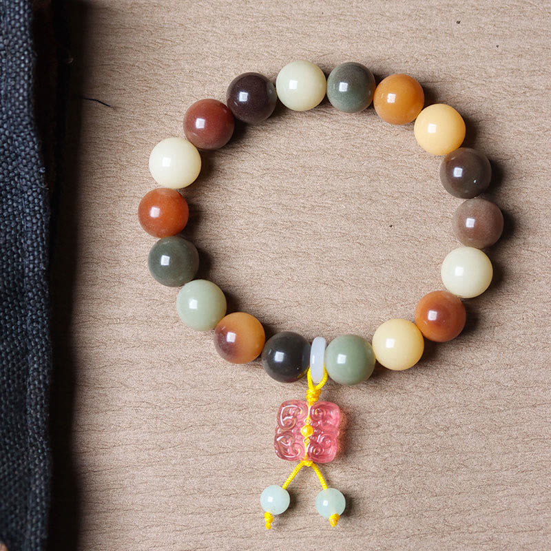 Mythstone Natural Multicolored Gradient Bodhi Seed Liuli Glass Charm Peace Bracelet