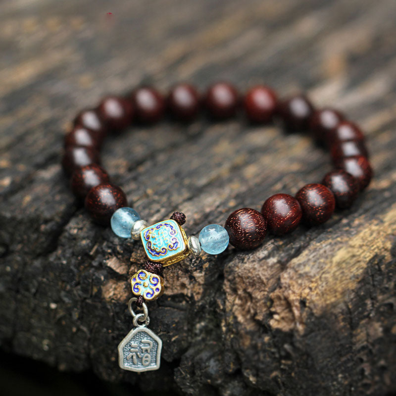 Mythstone 925 Sterling Silver Indian Small Leaf Red Sandalwood Aquamarine Full of Gold Star Chinese Knotting Blessing Bracelet