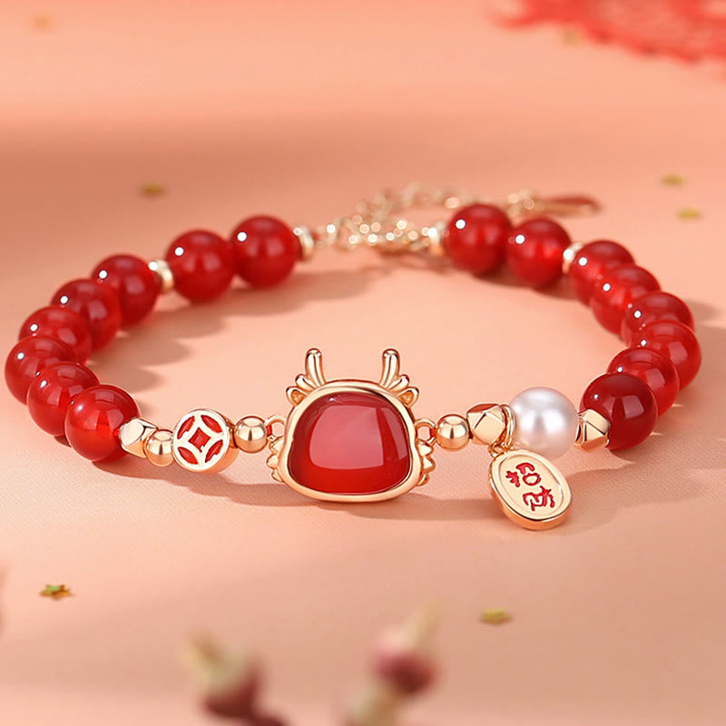 Mythstone 925 Sterling Silver Year of the Dragon Natural Red Agate Hetian Jade Attract Fortune Success Bracelet