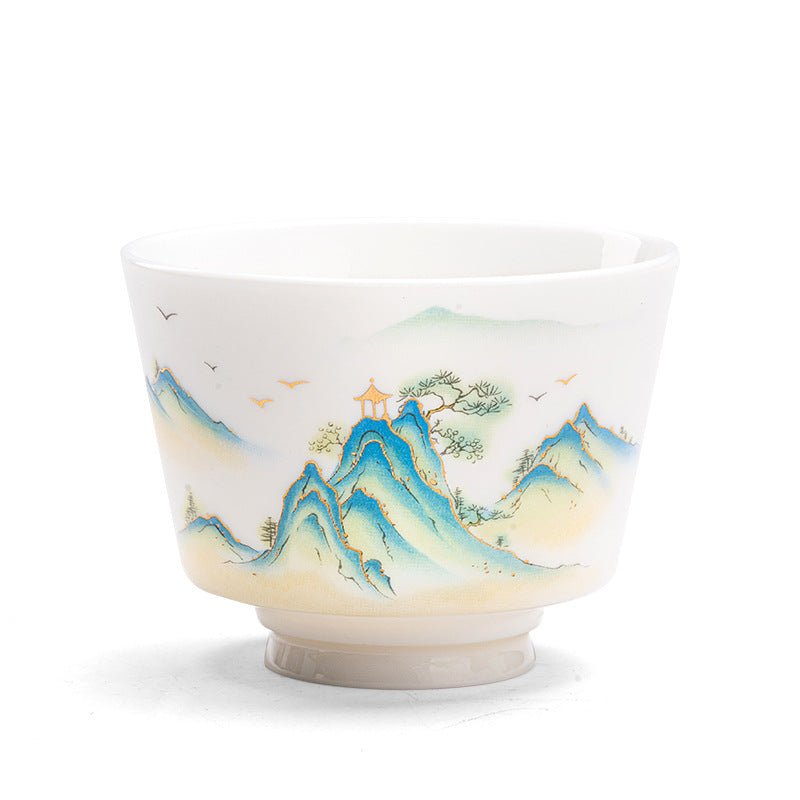 Mythstone Lotus Flower Leaf Mountain Pavilion Elk Peony Ceramic Teacup Kung Fu Tea Cup