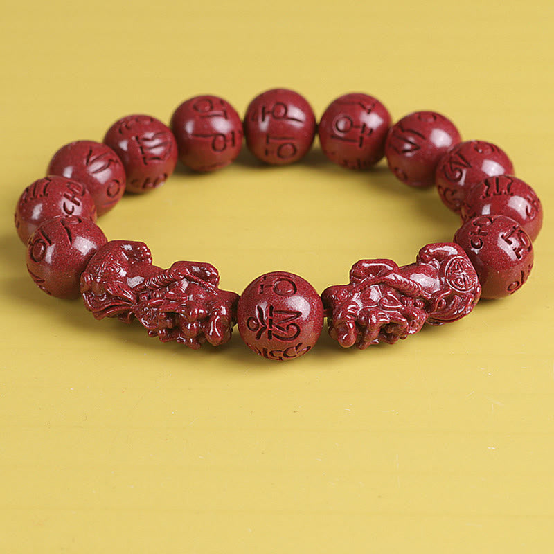 Mythstone Natural Double PiXiu Cinnabar Om Mani Padme Hum Wealth Luck Bead Bracelet