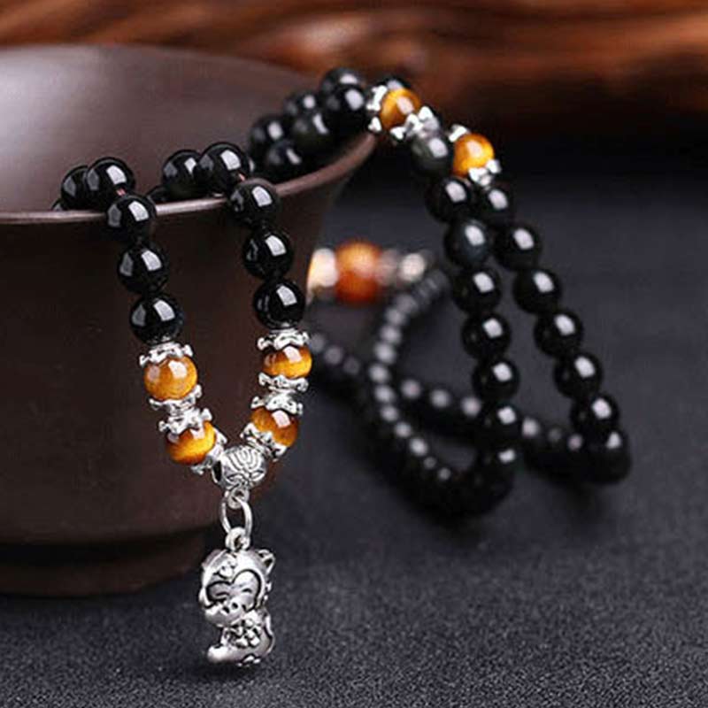 Chinese Zodiac 108 Beads Black obsidian Tiger Eye Fortune Mala Bracelet