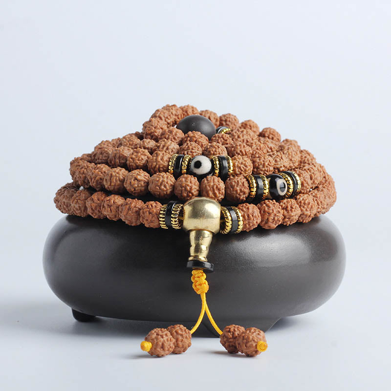 Mythstone 108 Mala Beads Rudraksha Bodhi Seed Dzi Bead Luck Wealth Bracelet