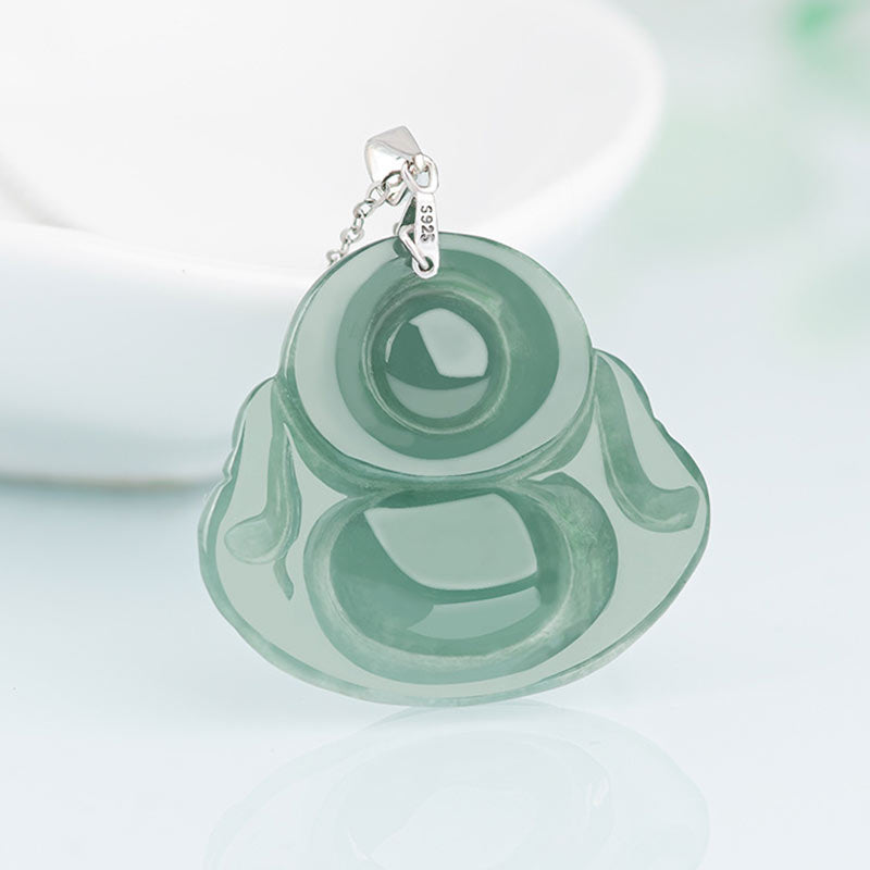 Mythstone 925 Sterling Silver Laughing Buddha Jade Protection Calm Necklace Chain Pendant