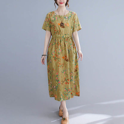 Mythstone Flowers Print Midi Dress Tunic Dress With Pockets